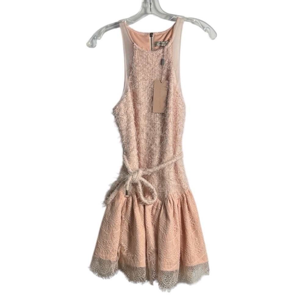NWT Three Floor Pink Frilly Fuzzy Lace‎ Belted Mini Dress Size 8 Coquette